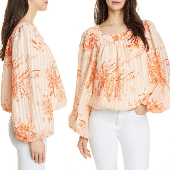 JOIE Cadby LINEN BLOUSE S Floral Island Sunset Square Neck Balloon Sleeves $228 - Picture 1 of 10